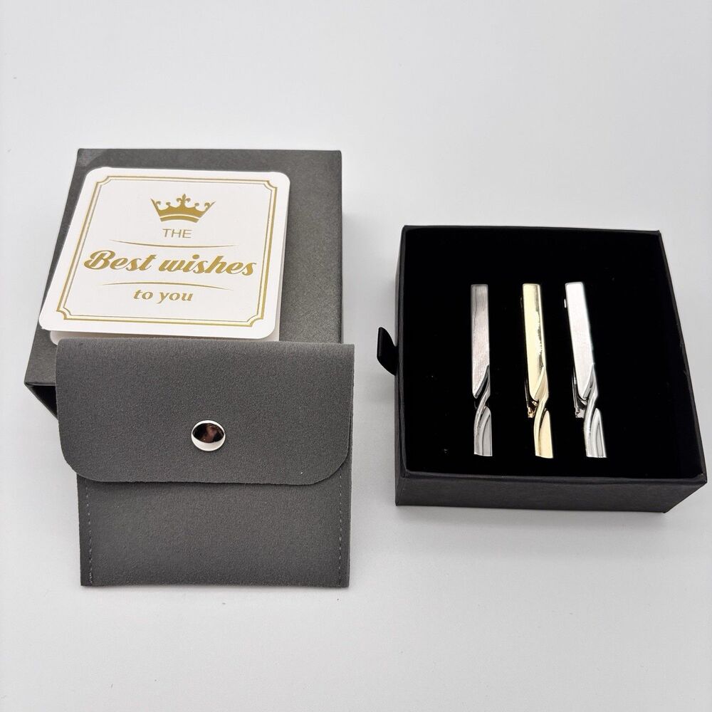 3pc Mens Tie Clip Set Twisted Tie Bars Silver Gold Gift Box Best Wishes